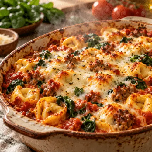 sausage veggie tortellini bake finished dish