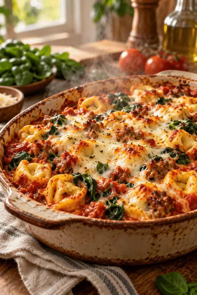 sausage veggie tortellini bake finished dish
