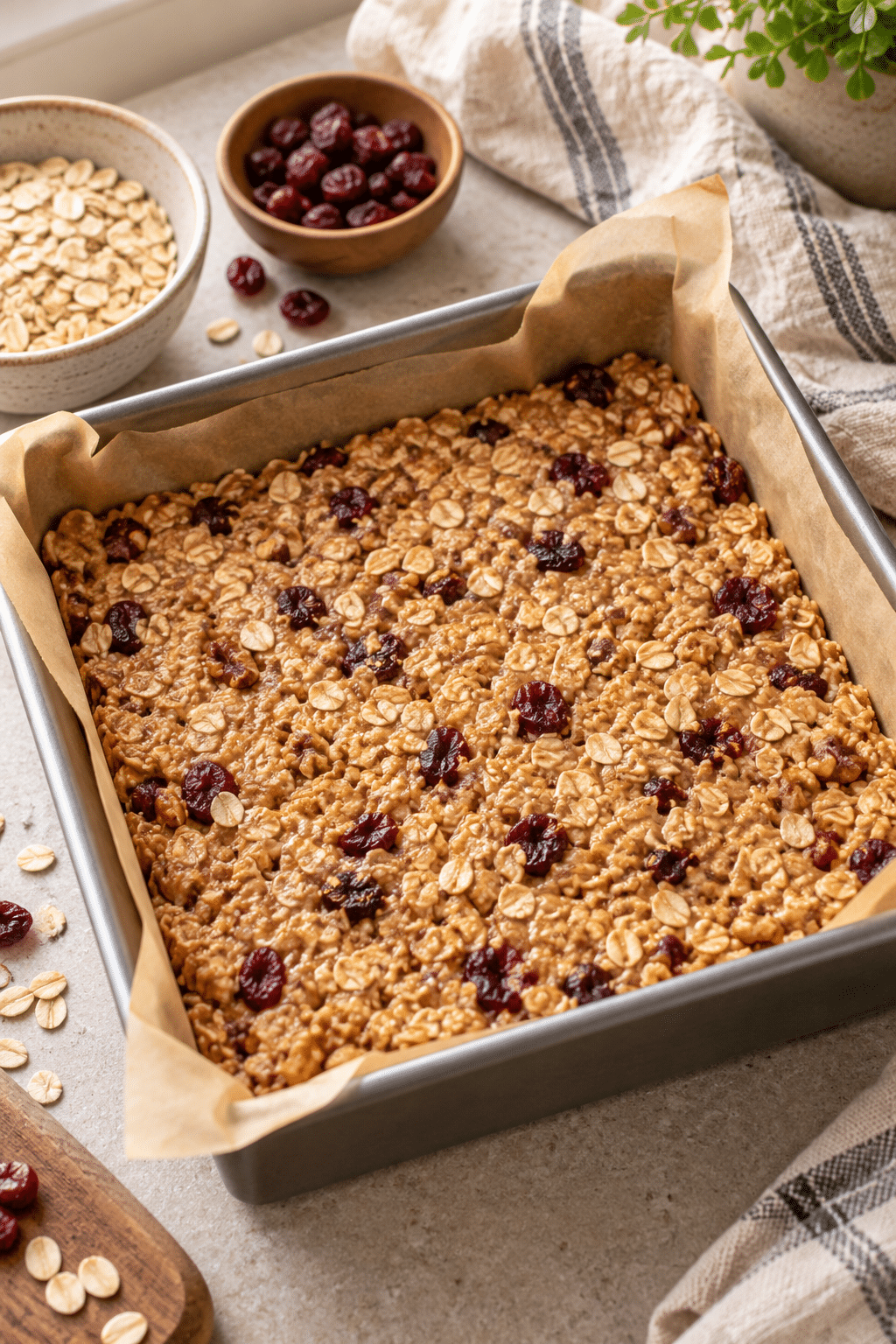 oatmeal breakfast bars mixture spread in the baking pan