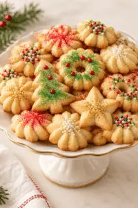 Old fashioned spritz cookies on a holiday platter