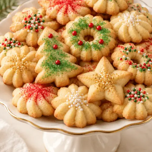 Old fashioned spritz cookies on a holiday platter