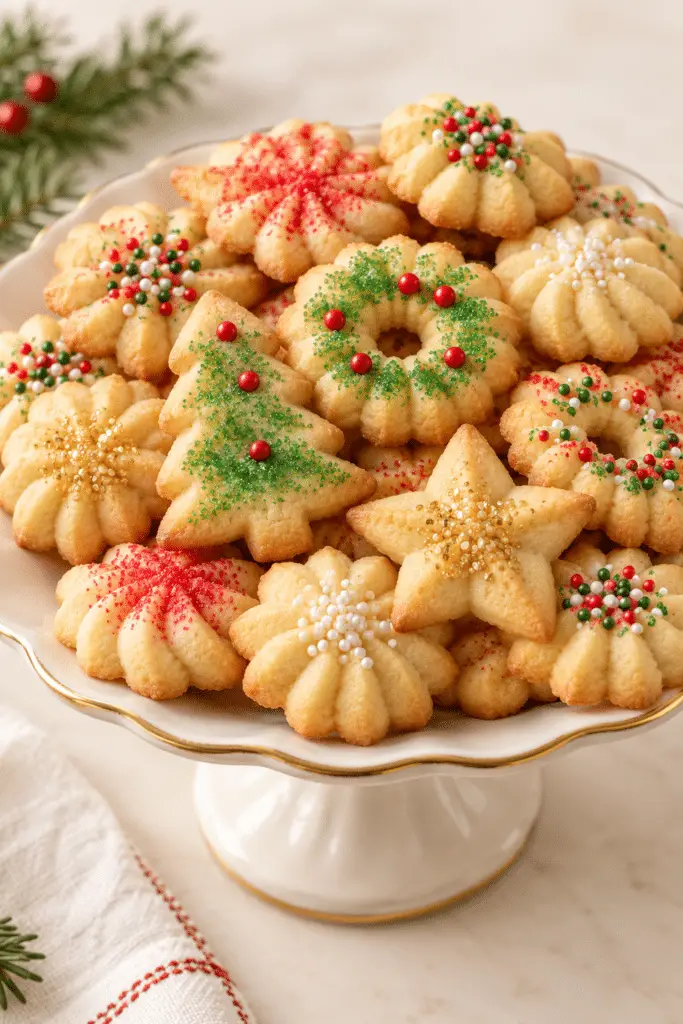 Old fashioned spritz cookies on a holiday platter