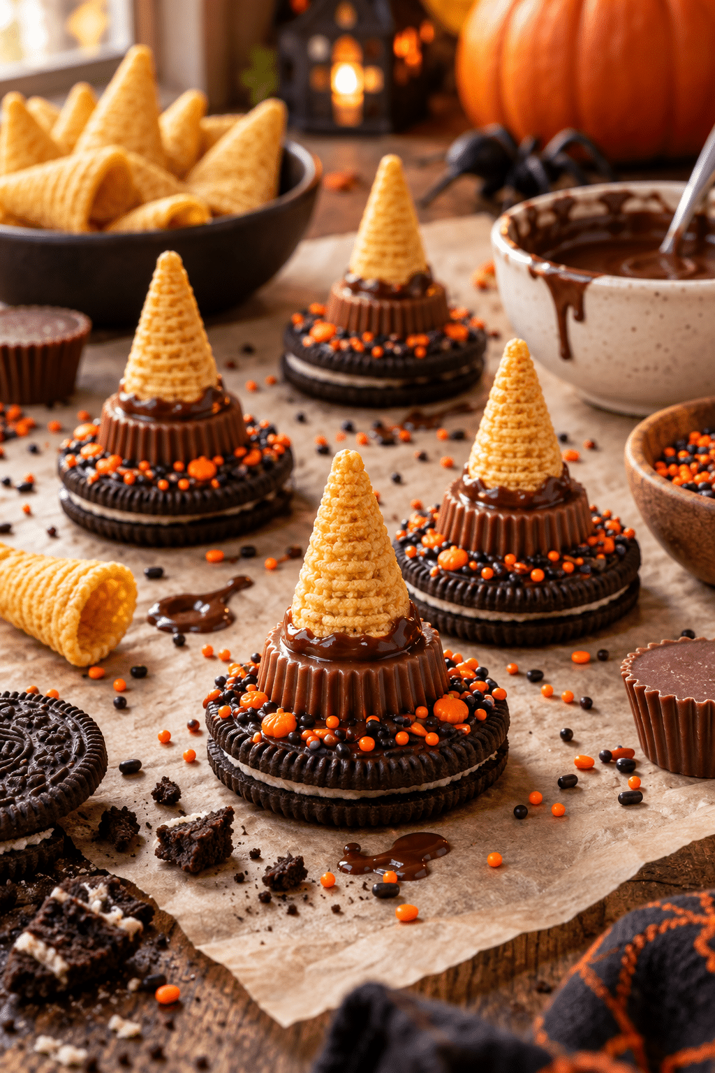 Assembling Oreo witch hat cookies with Bugles and chocolate