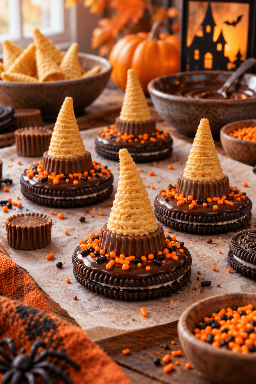 Finished Oreo witch hat cookies on a Halloween dessert platter