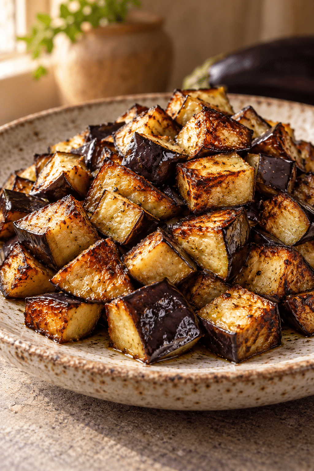 Oven roasted eggplant cubes browned and tender
