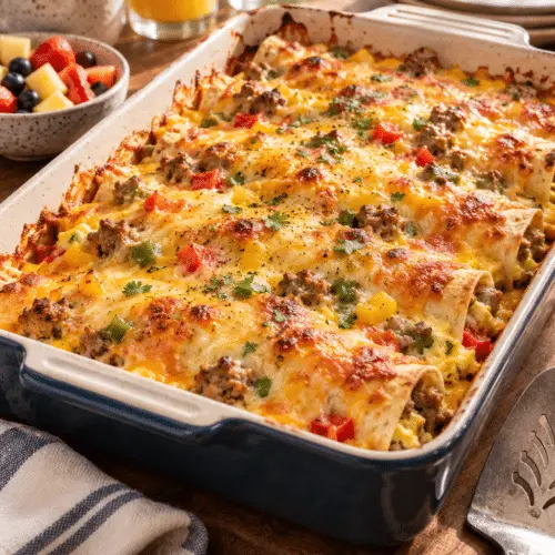 Overnight breakfast enchiladas in a baking dish