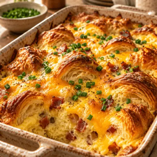 overnight croissant breakfast casserole finished dish