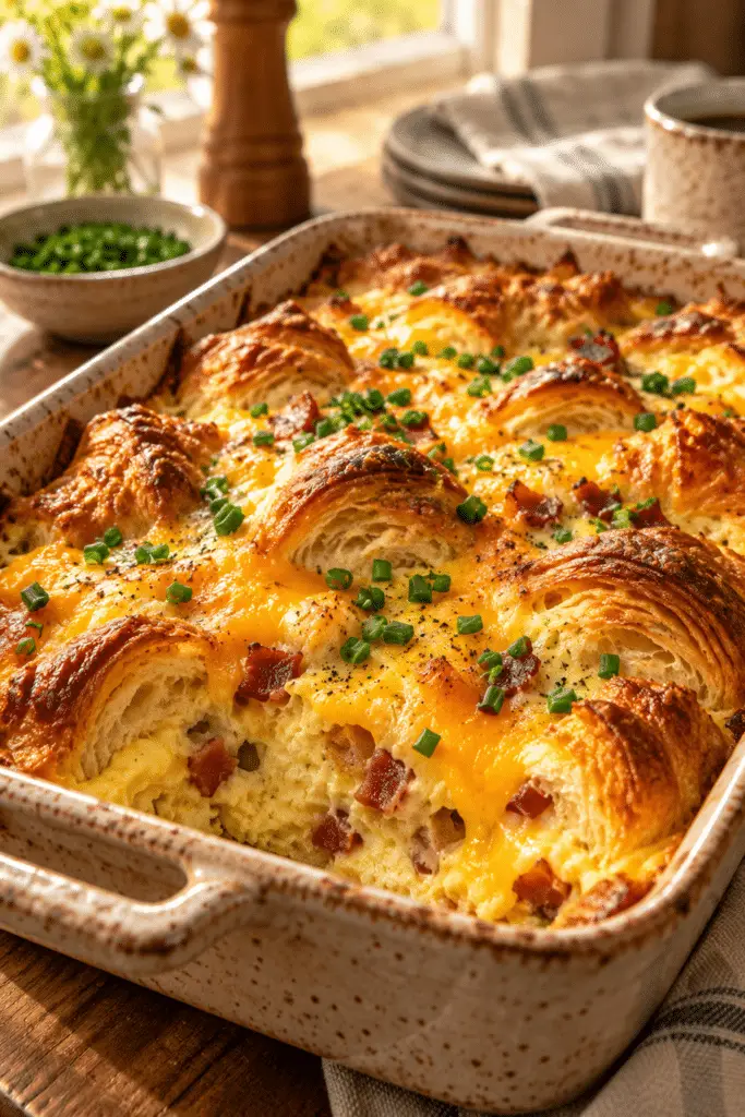 overnight croissant breakfast casserole finished dish