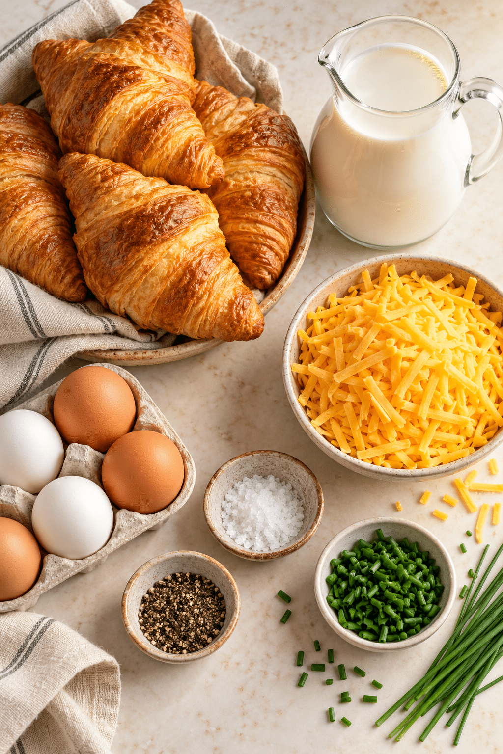Ingredients for overnight croissant breakfast casserole
