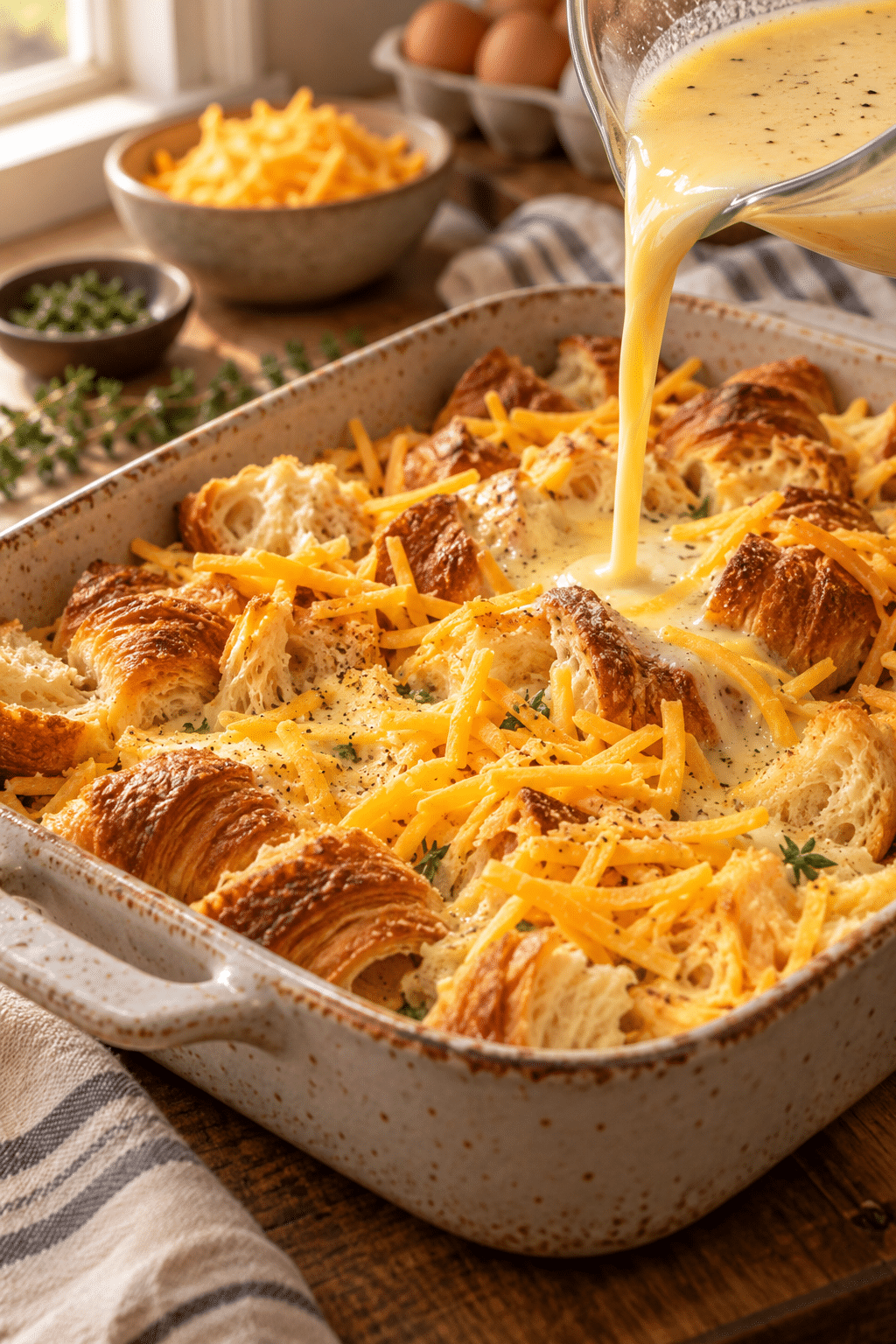 Preparing overnight croissant breakfast casserole before baking