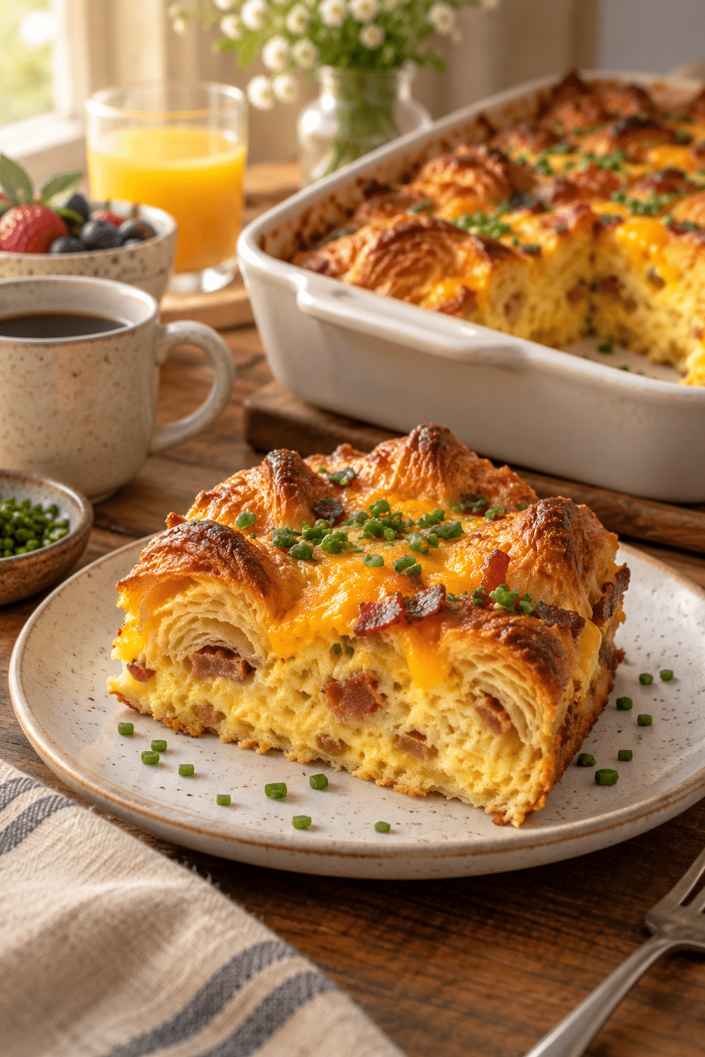 Golden overnight croissant breakfast casserole ready to serve