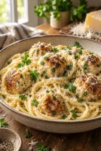 Parmesan garlic spaghetti with chicken meatballs