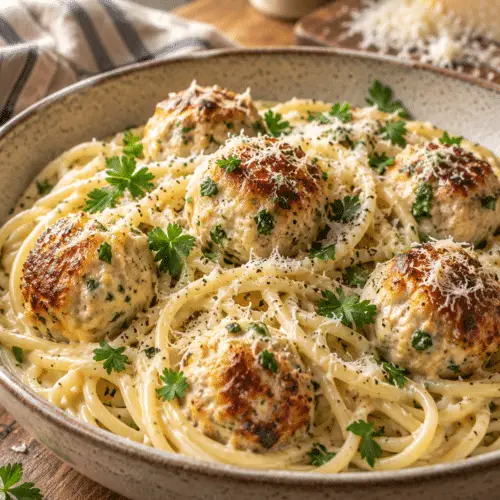 Parmesan garlic spaghetti with chicken meatballs