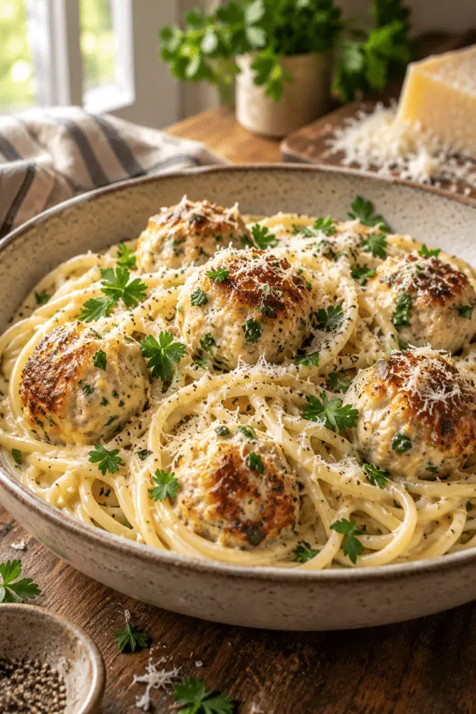 Parmesan garlic spaghetti with chicken meatballs