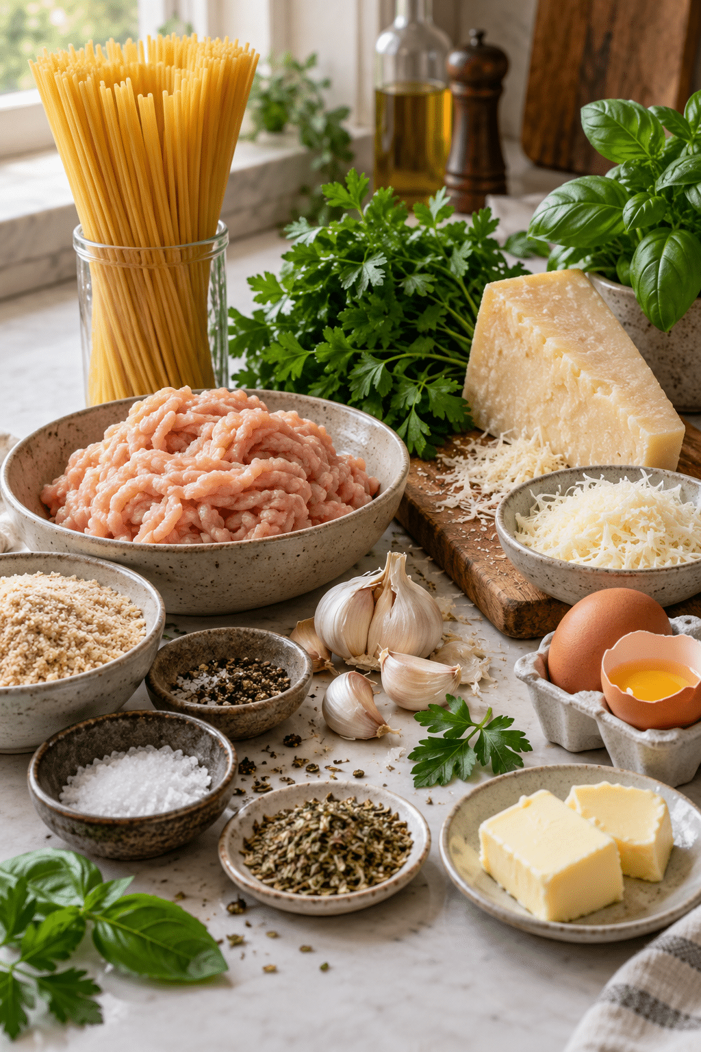 Ingredients for parmesan garlic spaghetti with chicken meatballs