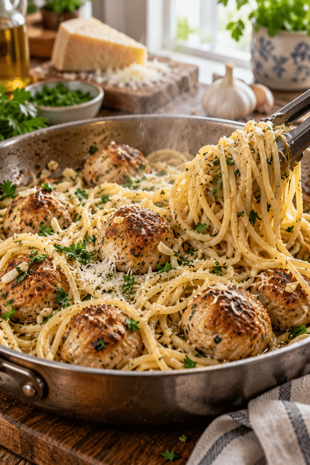 Cooking parmesan garlic spaghetti with chicken meatballs in a skillet