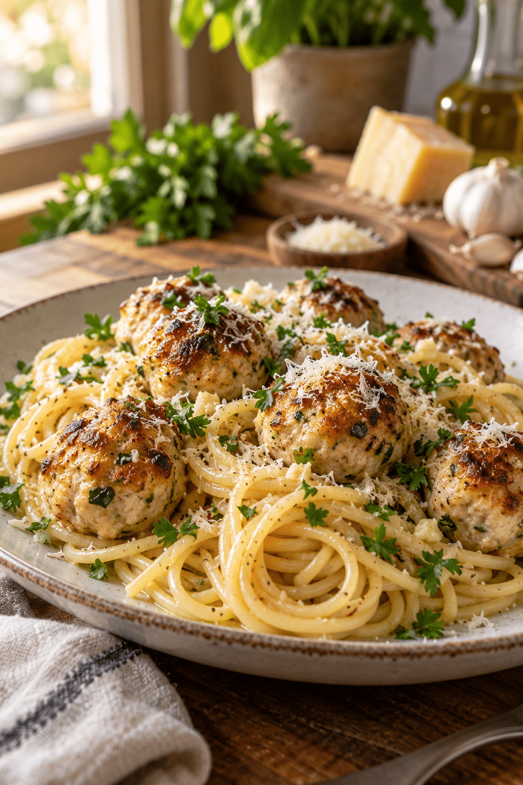 Finished parmesan garlic spaghetti with chicken meatballs