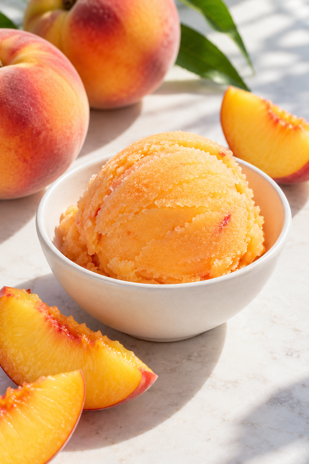 Peach sorbet in a serving bowl