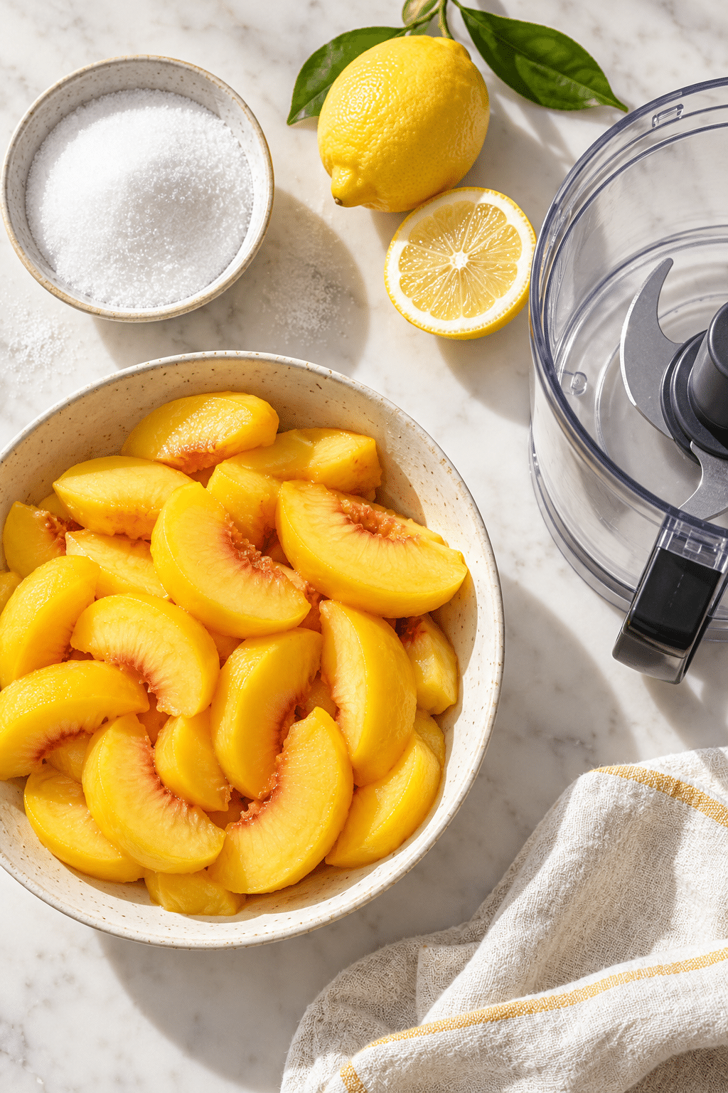 Peaches, caster sugar, and lemon for peach sorbet