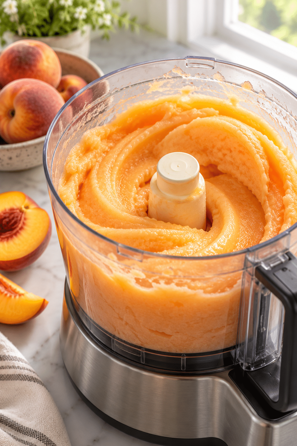 Blending peaches and sugar for peach sorbet