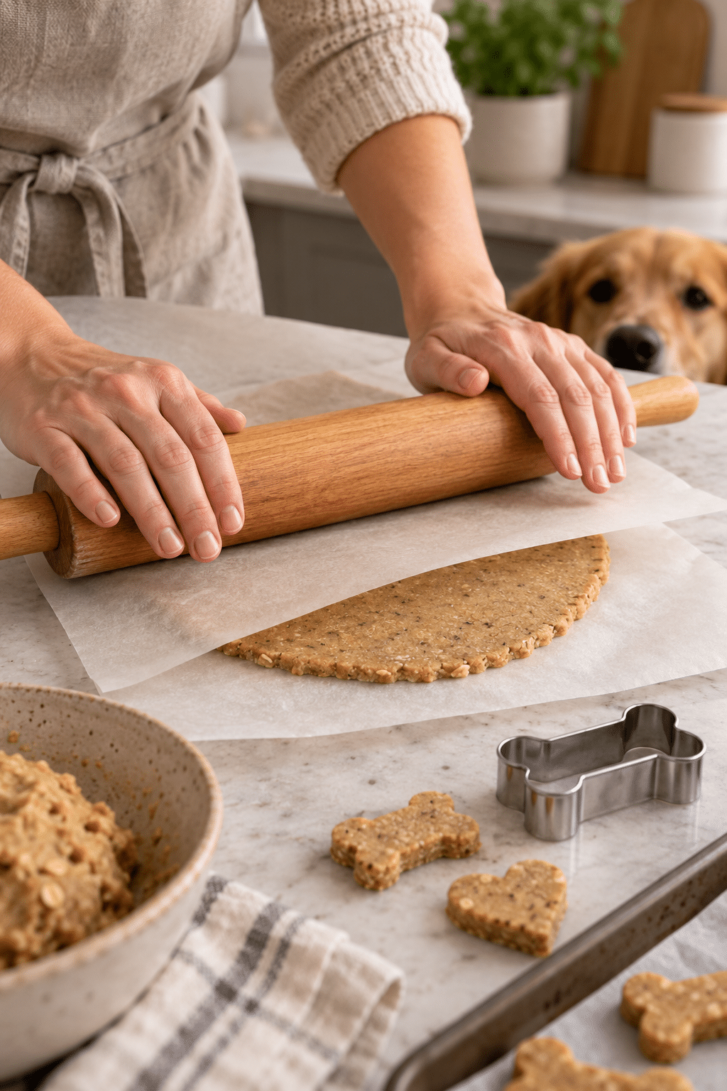 Shaping peanut butter banana dog treats on parchment