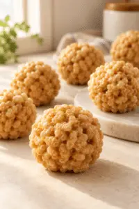 Peanut butter rice krispie balls on a serving plate