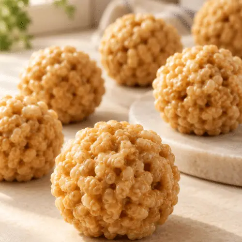 Peanut butter rice krispie balls on a serving plate