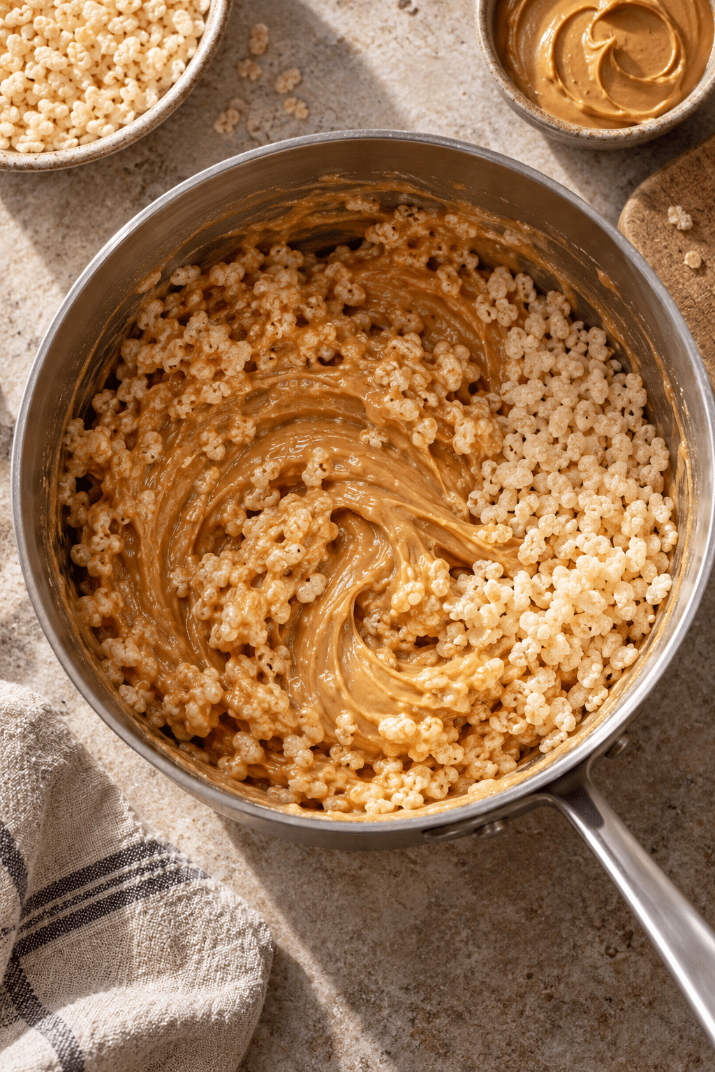 Mixing the peanut butter rice krispie ball mixture