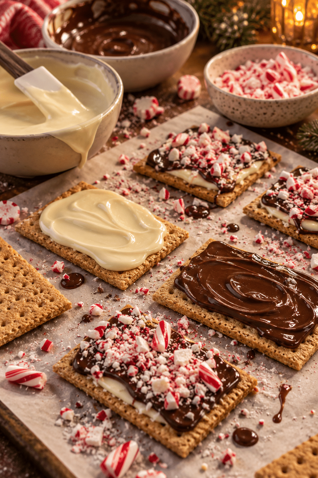 Melting and swirling chocolate for peppermint bark graham crackers