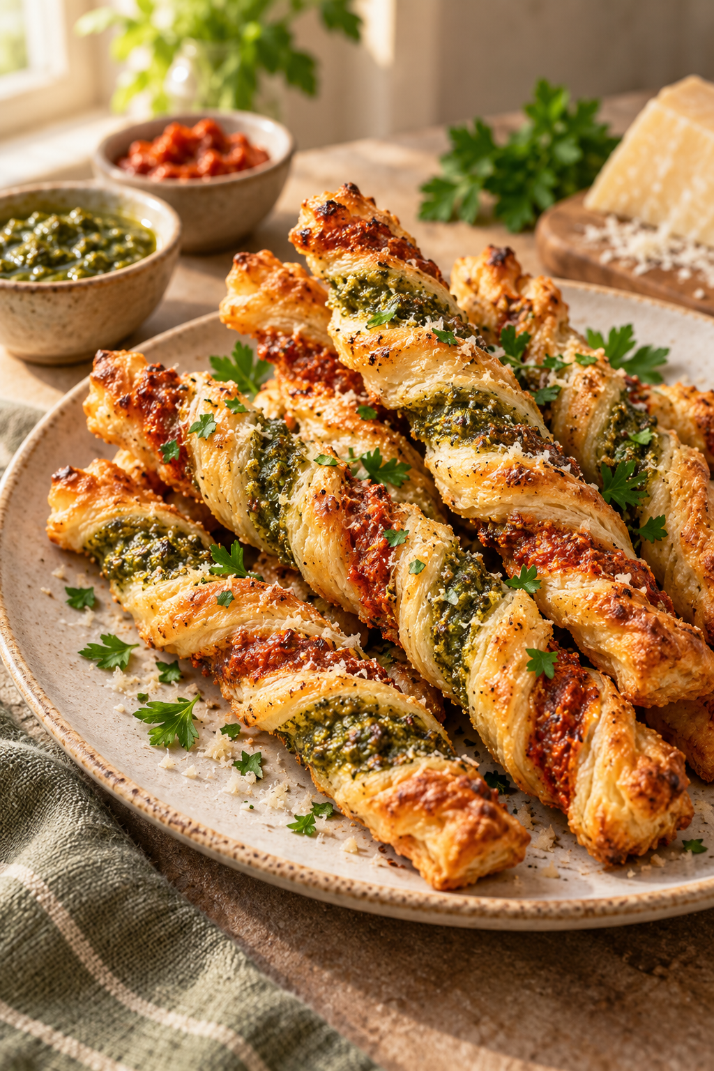 pesto parmesan pastry straws finished appetizer