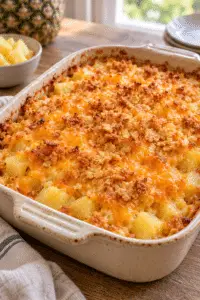 Pineapple cheese casserole with golden cheddar topping