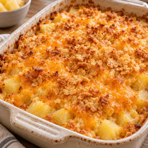 Pineapple cheese casserole with golden cheddar topping