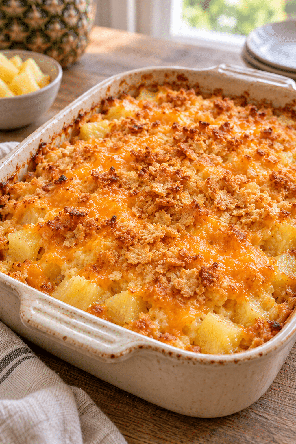 Pineapple cheese casserole with golden cheddar topping