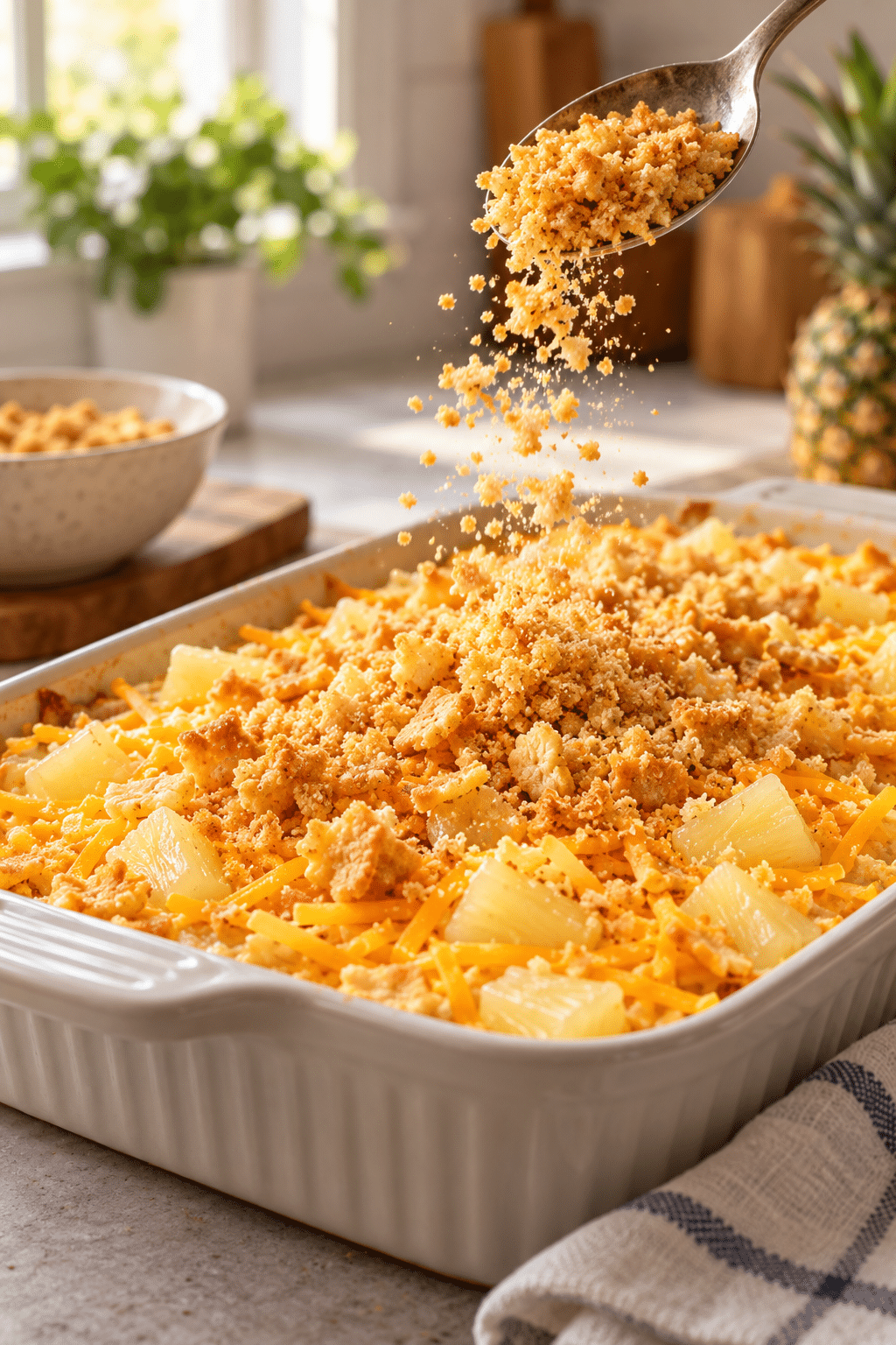 Preparing pineapple cheese casserole with cracker crumbs