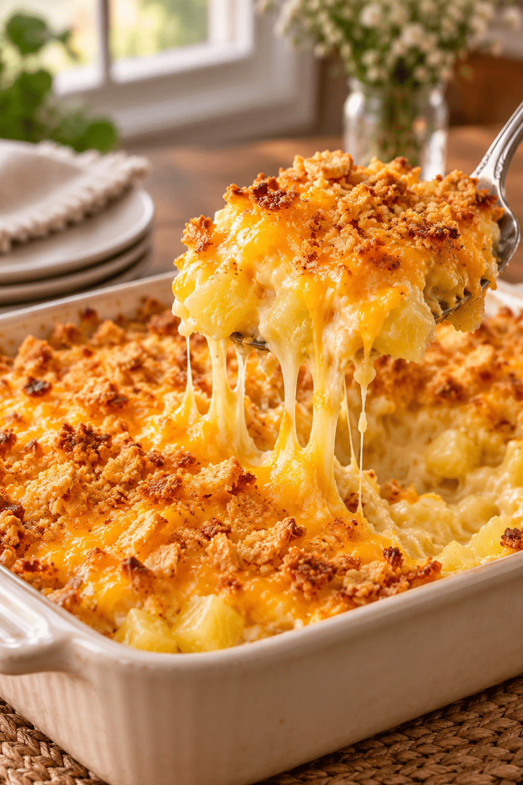 Serving warm pineapple cheese casserole