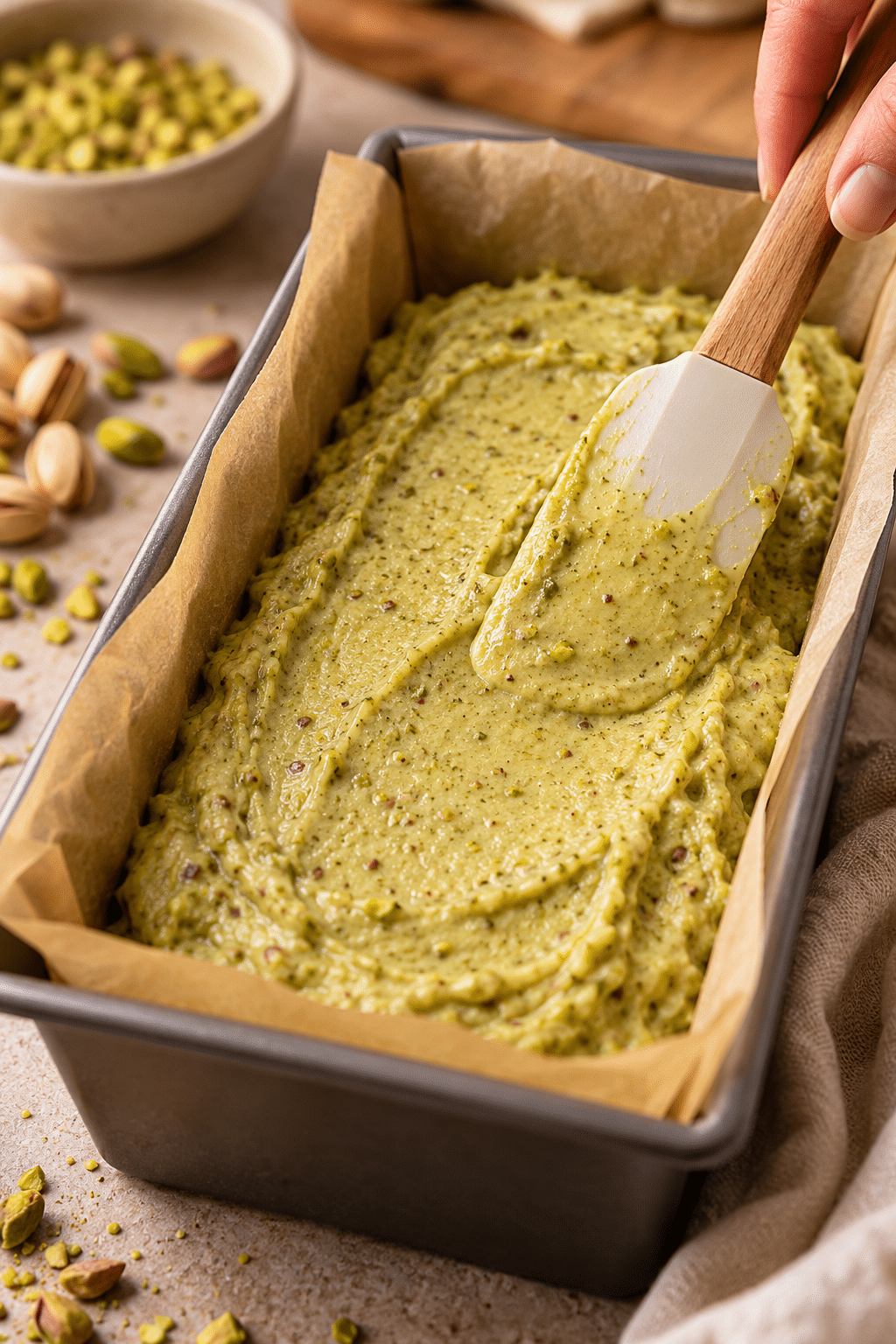 pistachio loaf batter in a pan