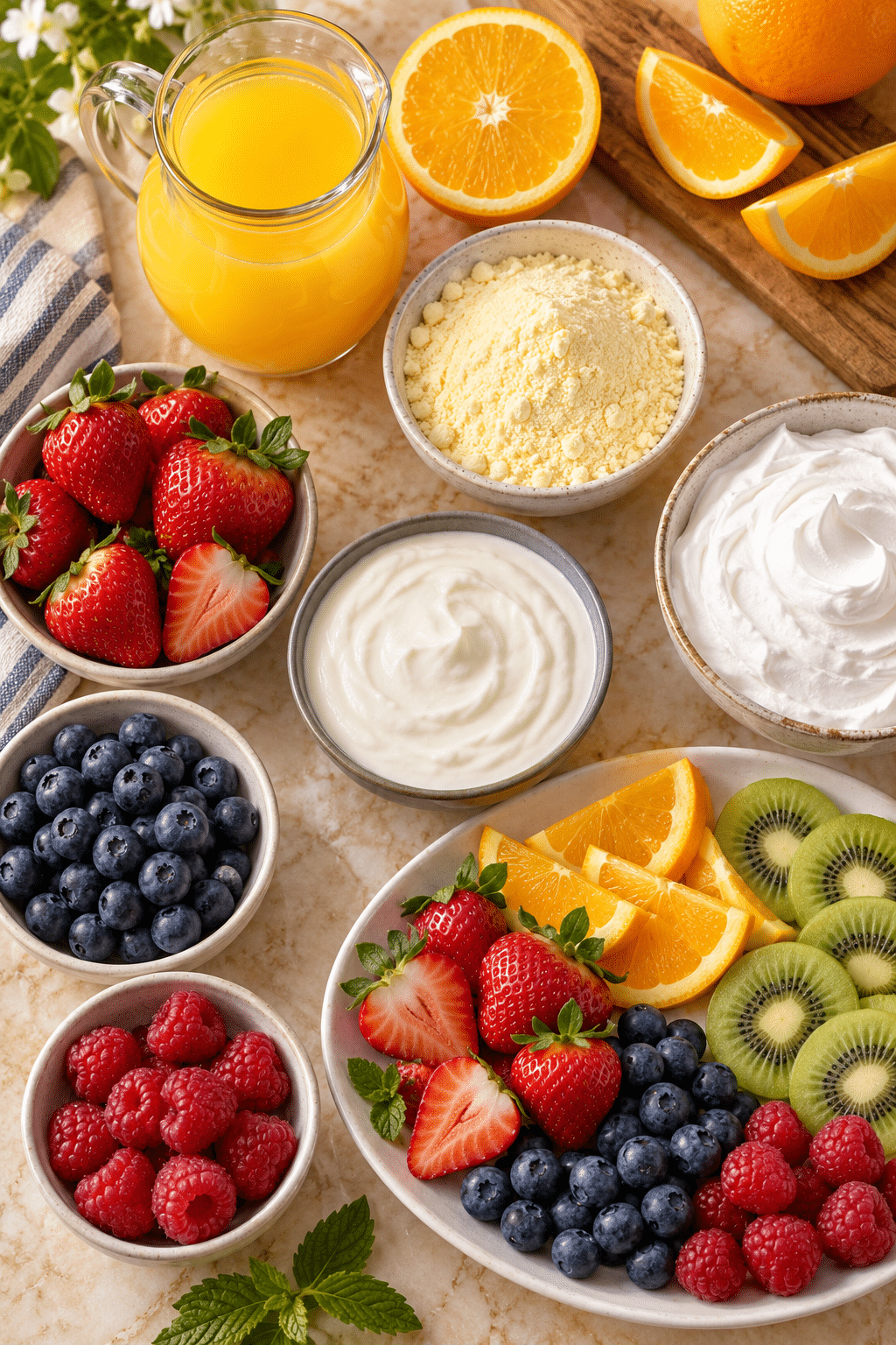 Ingredients for poolside fruit dip including orange juice, pudding mix, yogurt, and whipped topping