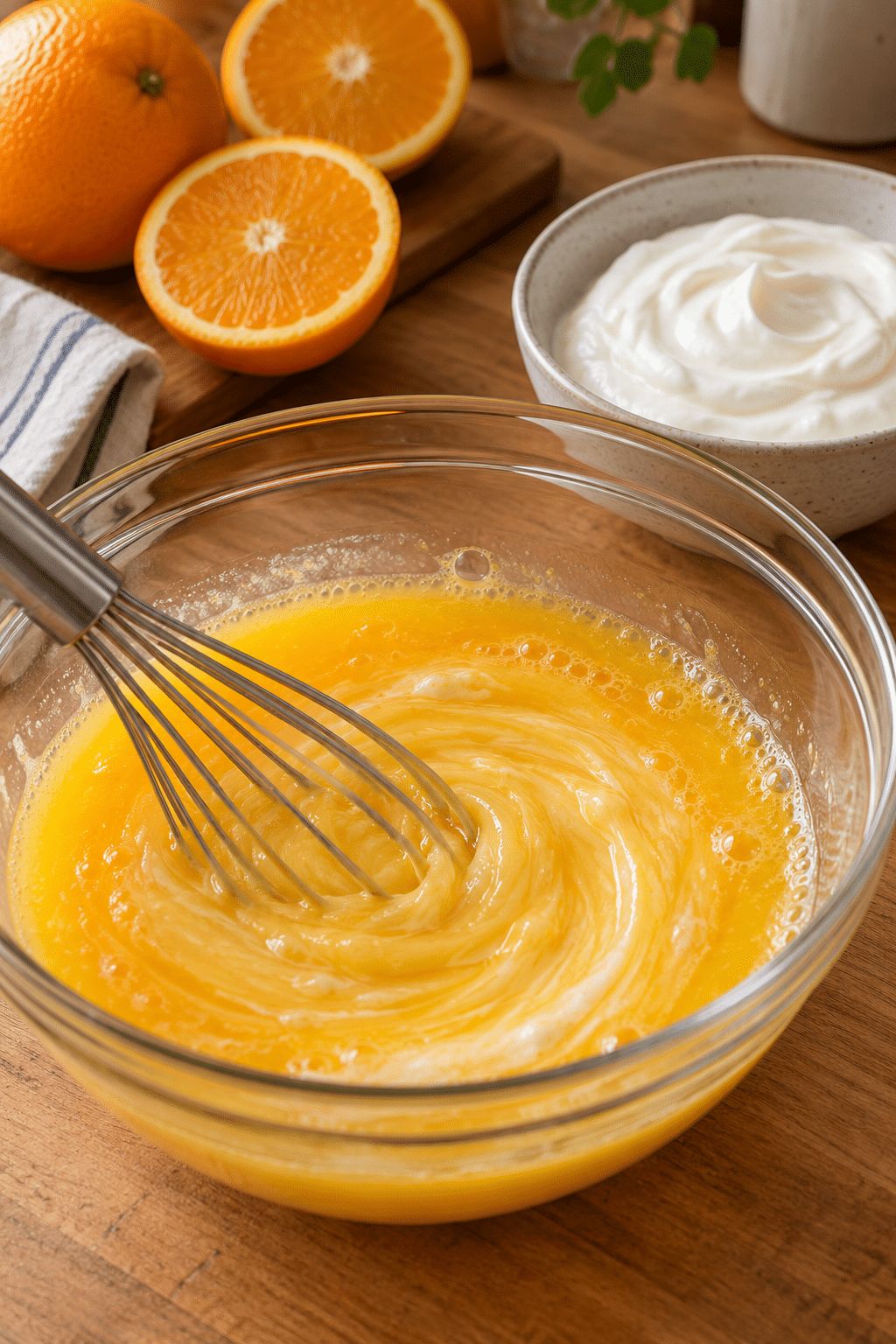 Whisking the orange juice and vanilla pudding base for poolside fruit dip