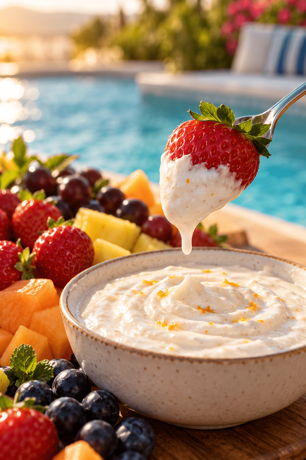 Strawberry dipped into creamy poolside fruit dip