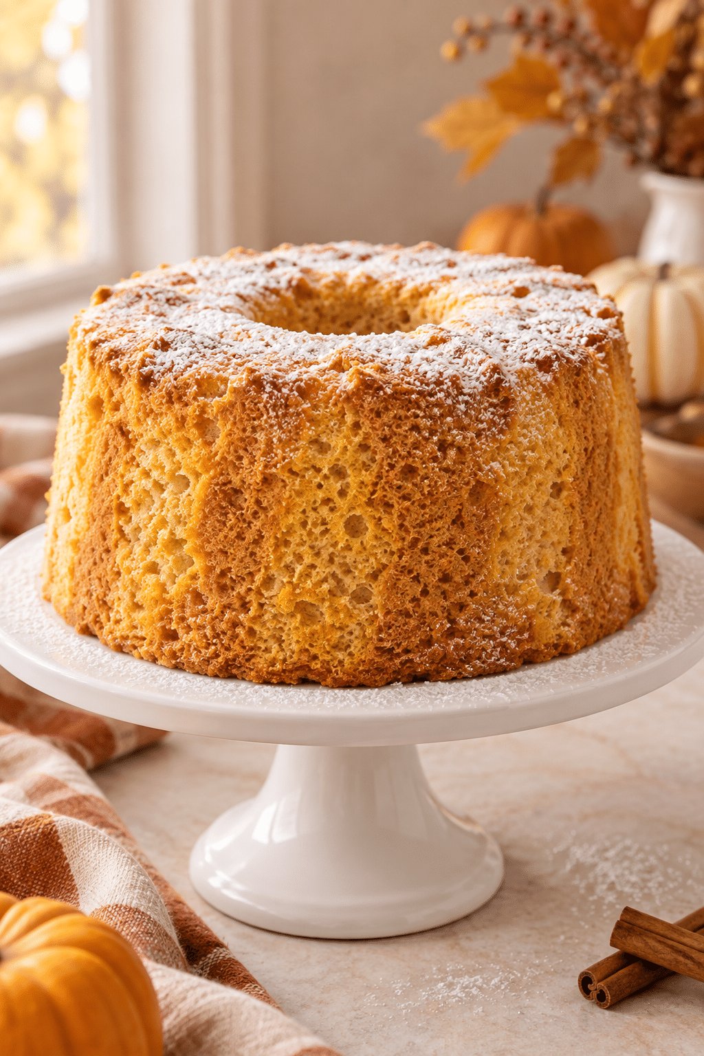 Mixing pumpkin batter for pumpkin angel food cake