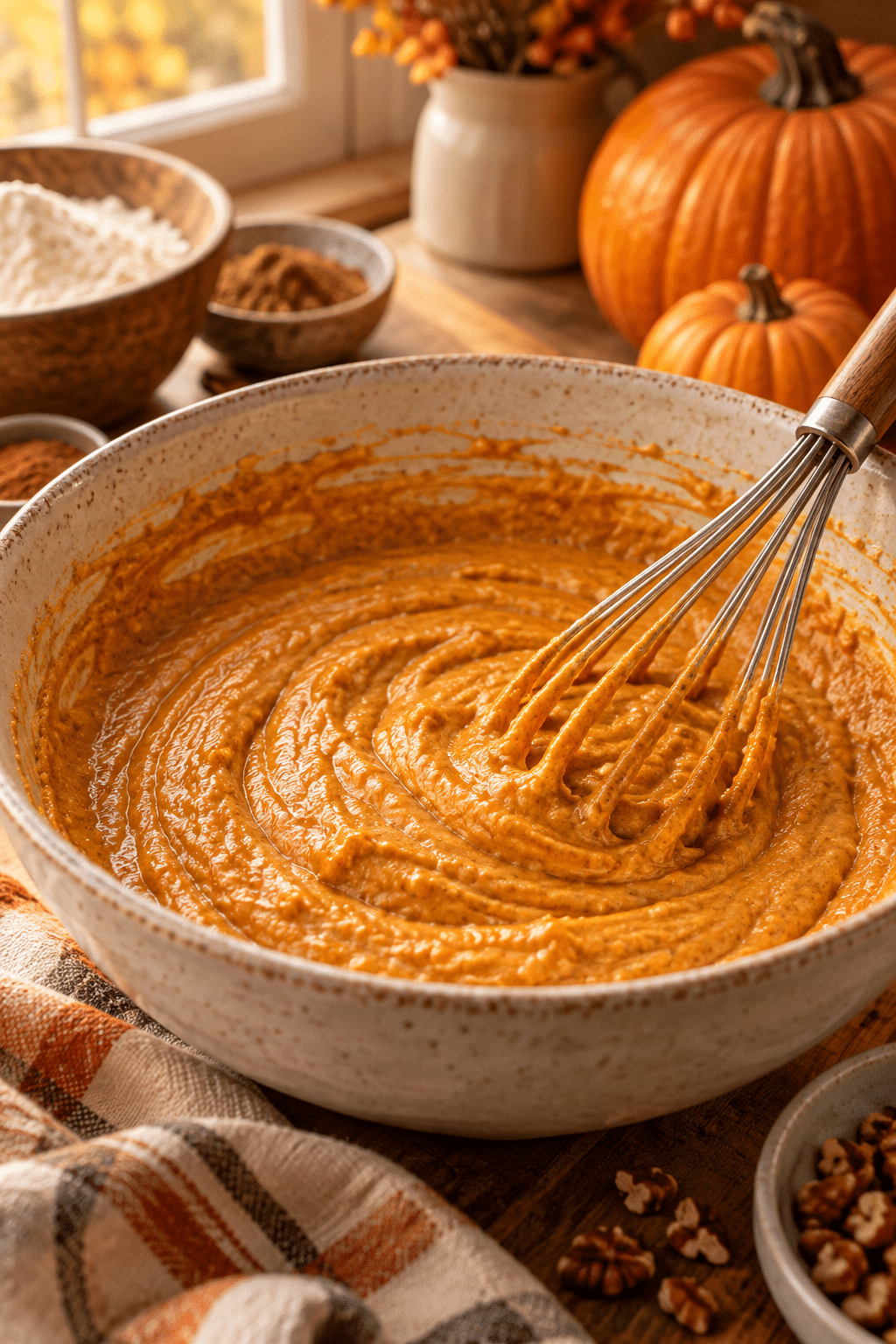 Pumpkin muffin batter being mixed before baking
