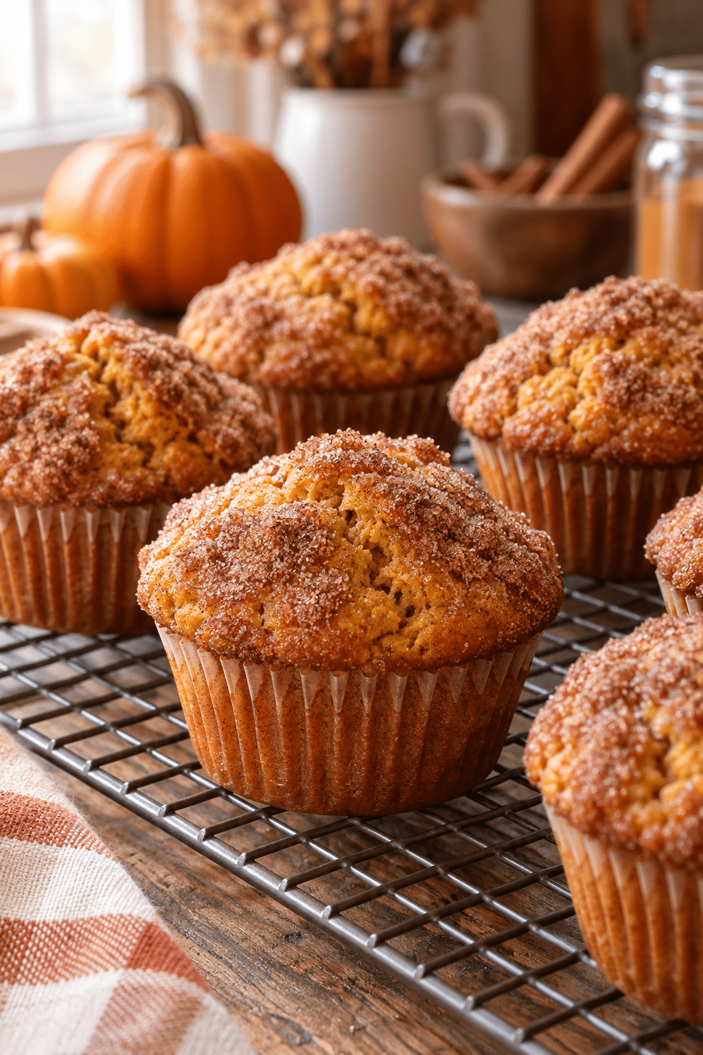 Fresh pumpkin muffins cooling on a rack