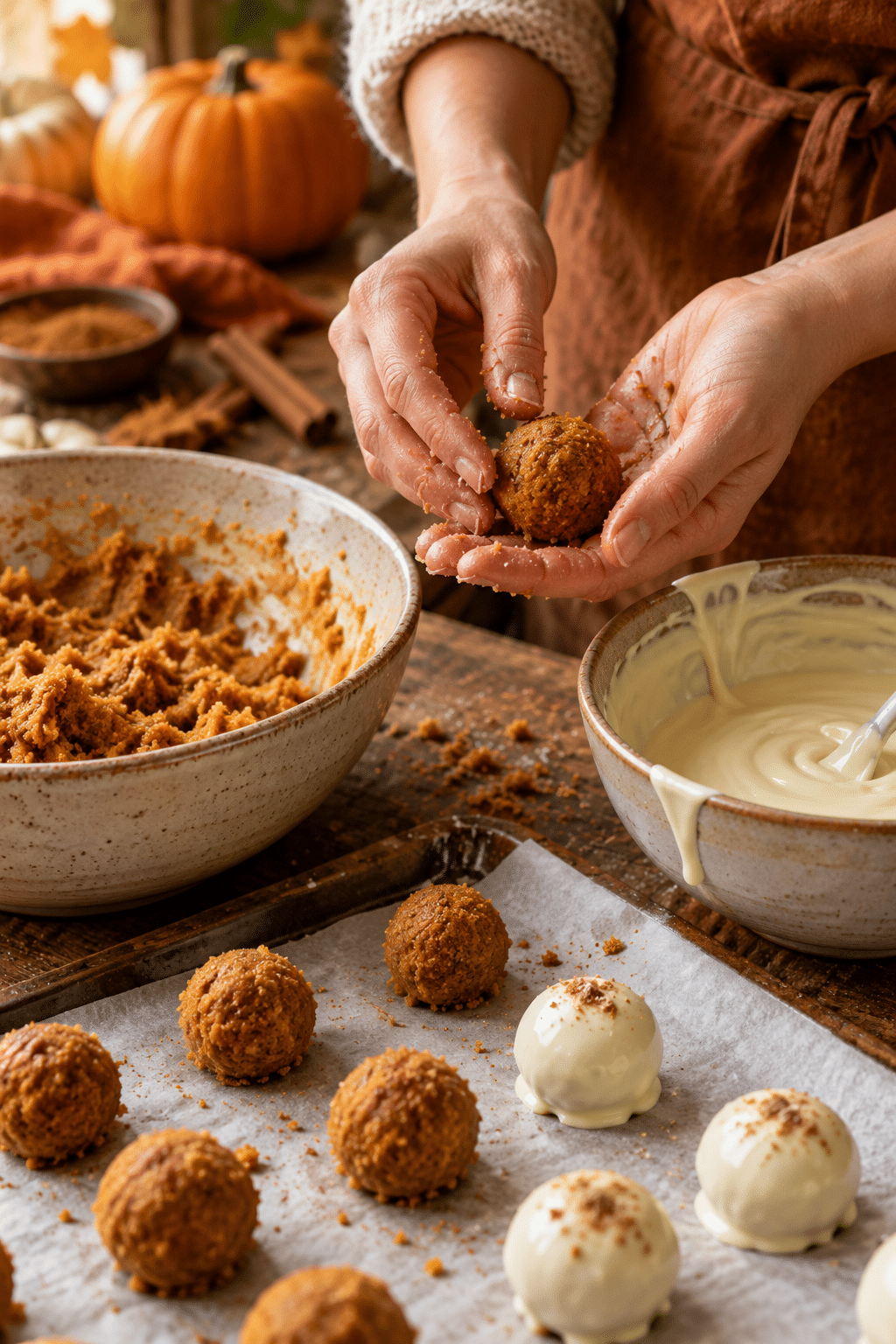 Rolling pumpkin spice cake balls before dipping