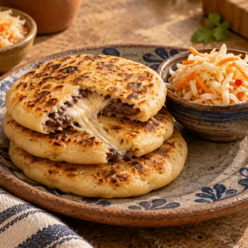 Golden bean-and-cheese pupusas with curtido