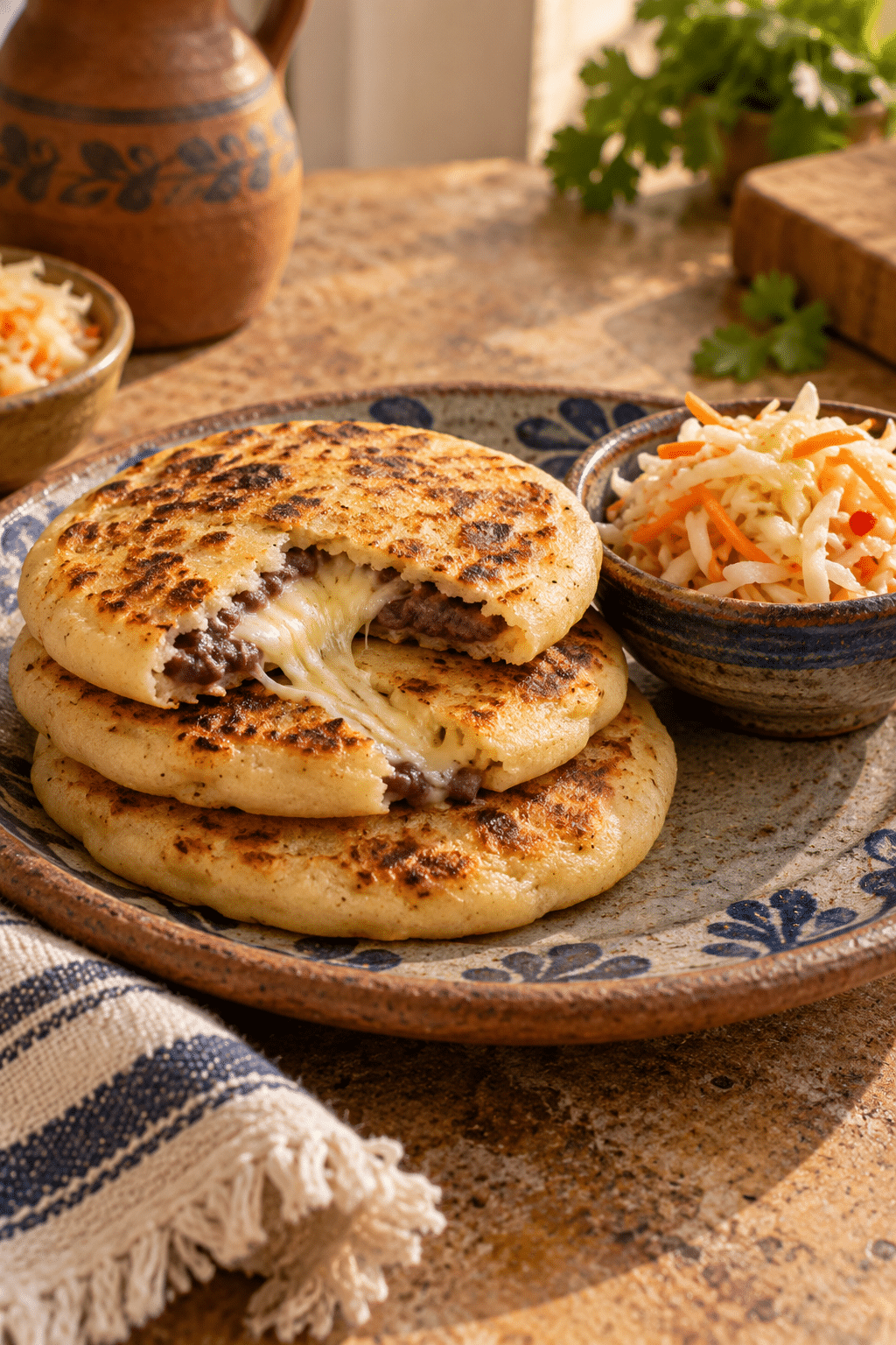 Golden bean-and-cheese pupusas with curtido