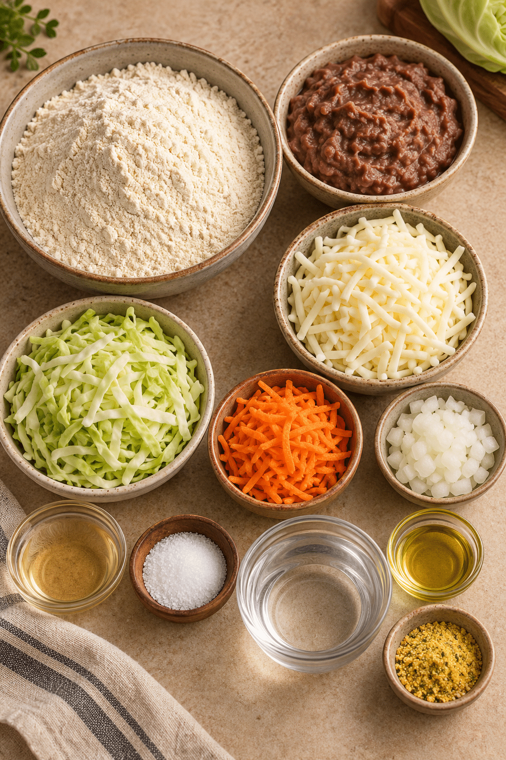 Ingredients for a pupusa recipe arranged on a kitchen surface