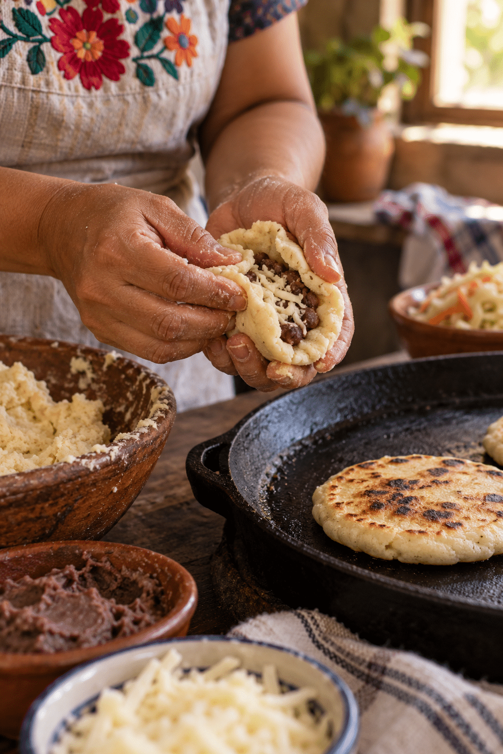 Hands shaping a filled pupusa beside a skillet