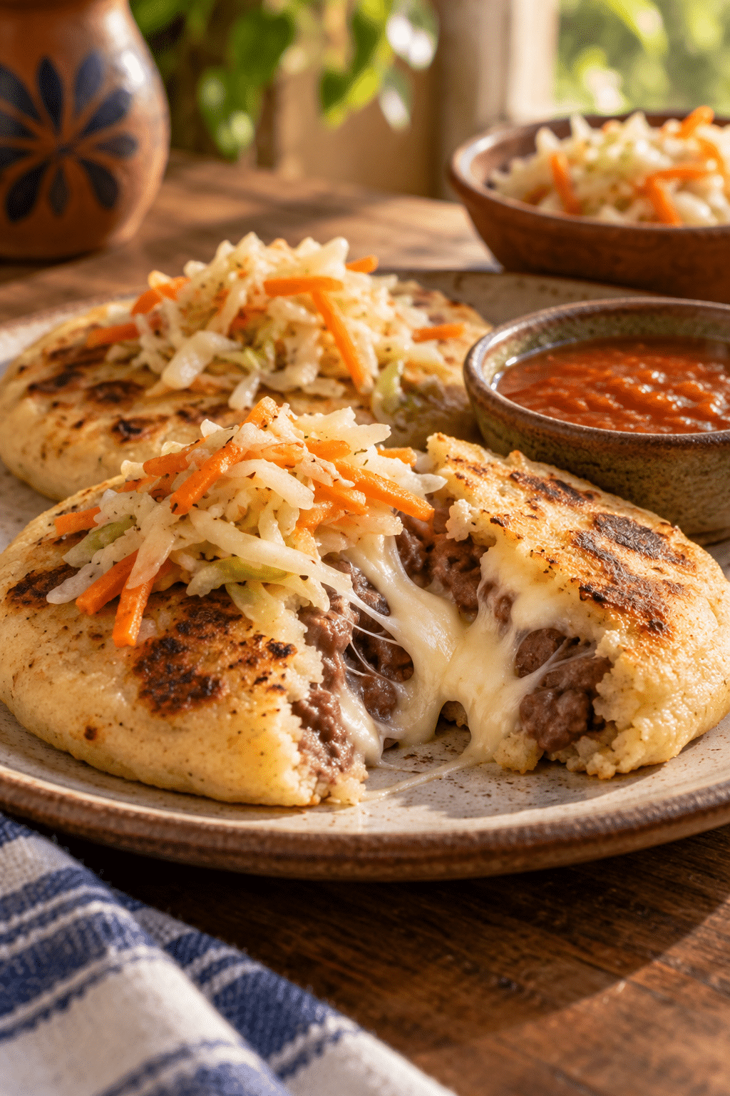 Golden bean-and-cheese pupusas topped with curtido