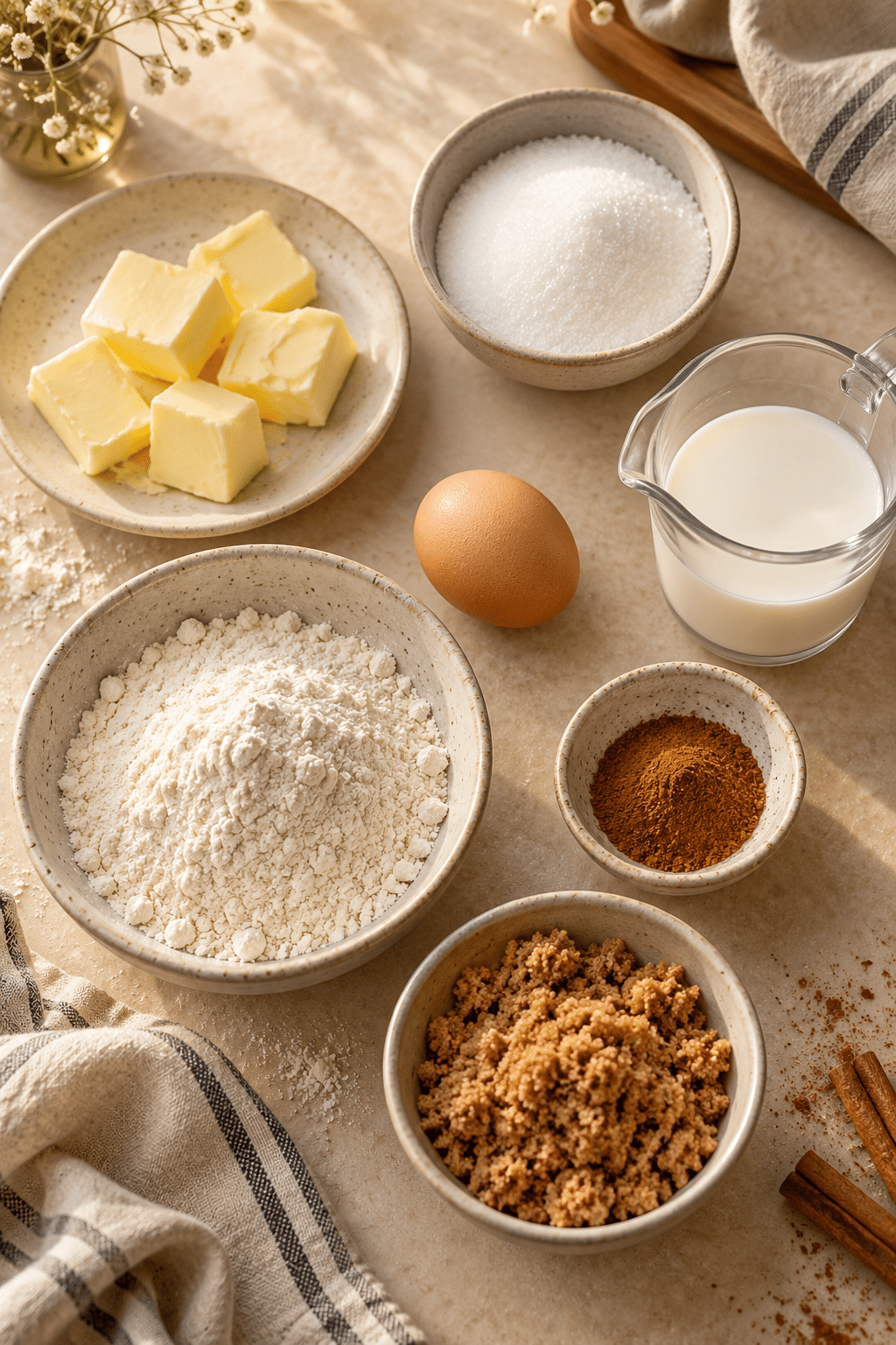 ingredients for quick coffee cake measured on a counter