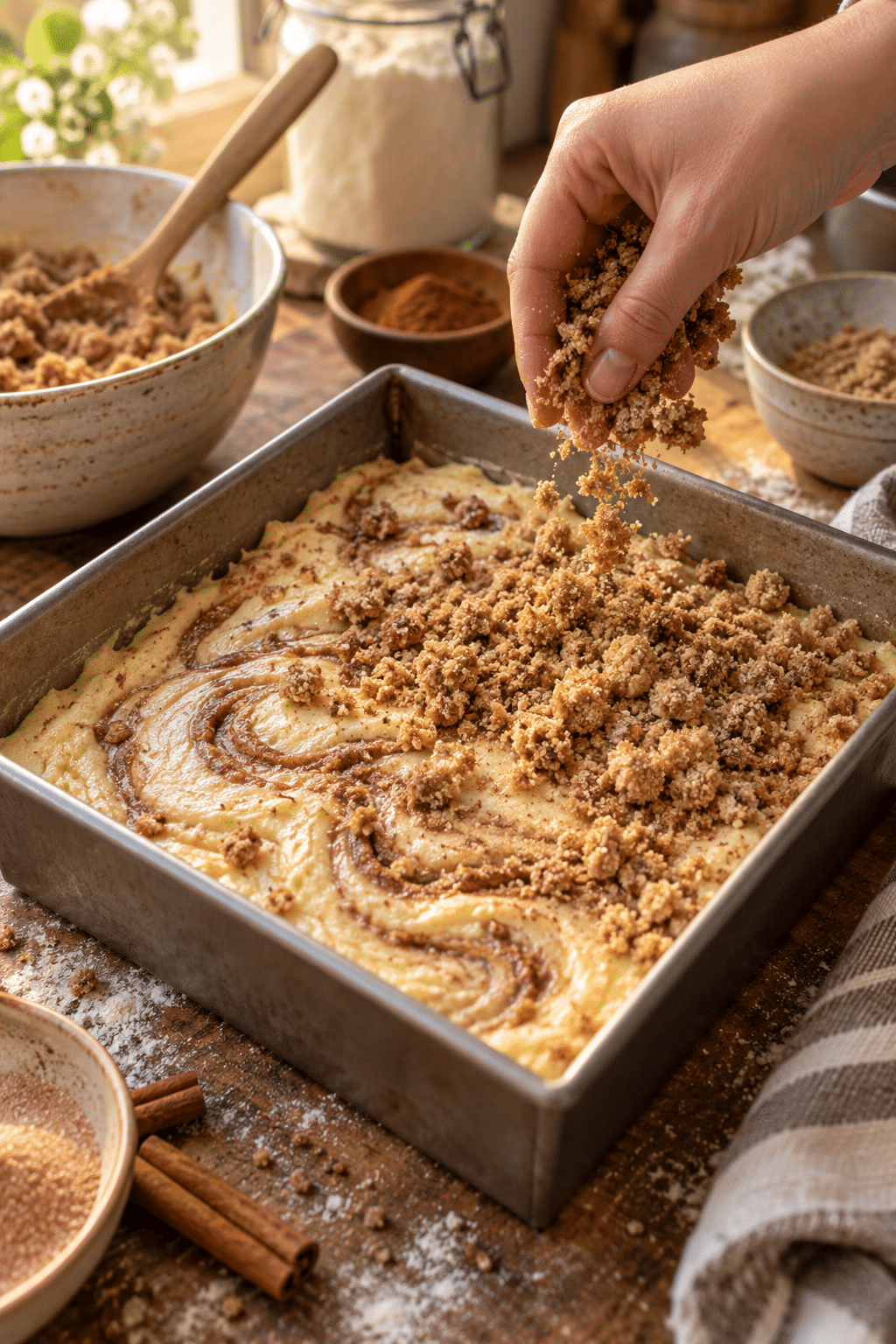 quick coffee cake batter topped with cinnamon crumbs before baking